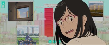 Movie still from “Belle” (2021), directed by Mamoru Hosoda – An animated picture of a woman with glasses and black hair; Close Up shot, Over the shoulder angle