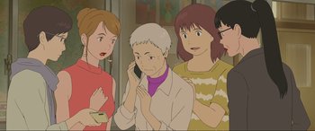 Movie still from “Belle” (2021), directed by Mamoru Hosoda – A group of people that are talking on a cell phone; Medium shot, High angle