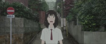 Movie still from “Belle” (2021), directed by Mamoru Hosoda – An animated woman in white shirt and red neck tie; Medium shot, Low angle