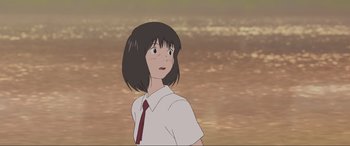 Movie still from “Belle” (2021), directed by Mamoru Hosoda – An animated picture of a girl in a white shirt and a red tie; Close Up shot, Over the shoulder angle