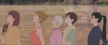 Movie still from “Belle” (2021), directed by Mamoru Hosoda – A group of people standing next to a body of water; Medium shot, Low angle