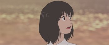 Movie still from “Belle” (2021), directed by Mamoru Hosoda – An animated picture of a woman with a surprised look; Close Up shot, Low angle