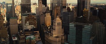 Movie still from “Birds of Prey” (2020), directed by Cathy Yan – An aerial view of a city with skyscrapers; Extreme Wide shot, High angle