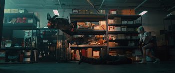 Movie still from “Birds of Prey” (2020), directed by Cathy Yan – A man falling off of a shelf in a warehouse; Wide shot, Low angle