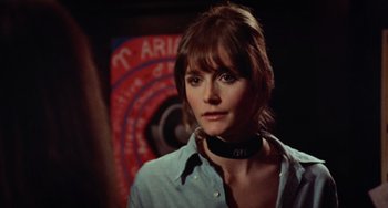 Movie still from “Black Christmas” (1974), directed by Bob Clark – A person wearing a collar; Close Up shot, Over the shoulder angle