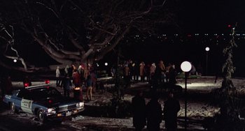 Movie still from “Black Christmas” (1974), directed by Bob Clark – A group of people standing next to each other on a snowy hill; Extreme Wide shot, High angle