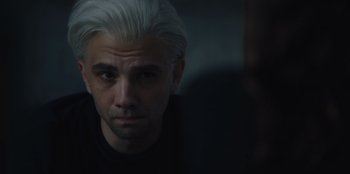 Movie still from “BlackBerry” (2023), directed by Matt Johnson – A person with white hair; Close Up shot, Over the shoulder angle