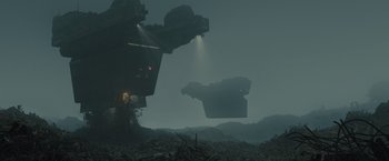 Movie still from “Blade Runner 2049” (2017), directed by Denis Villeneuve – A large ship floating on top of a body of water; Extreme Wide shot, Low angle