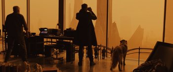 Movie still from “Blade Runner 2049” (2017), directed by Denis Villeneuve – A man standing in front of a window with a dog; Wide shot, Over the shoulder angle