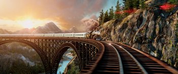 Movie still from “Bloodshot” (2020), directed by Dave Wilson – A train traveling over a bridge next to a river; Extreme Wide shot, High angle