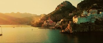 Movie still from “Bloodshot” (2020), directed by Dave Wilson – A large body of water near a mountain range; Extreme Wide shot, High angle