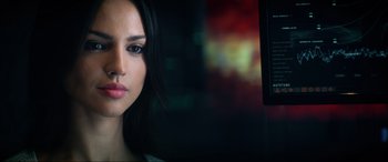 Movie still from “Bloodshot” (2020), directed by Dave Wilson – A beautiful young woman with long black hair; Close Up shot, Over the shoulder angle