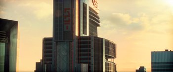 Movie still from “Bloodshot” (2020), directed by Dave Wilson – A tall building that has a lot of windows on it's side; Extreme Wide shot, Low angle