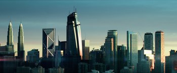 Movie still from “Bloodshot” (2020), directed by Dave Wilson – A view of a city skyline from across the street; Extreme Wide shot, Low angle