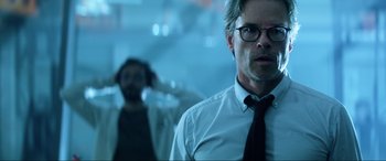 Movie still from “Bloodshot” (2020), directed by Dave Wilson – A man in a white shirt and a black tie; Close Up shot, Low angle