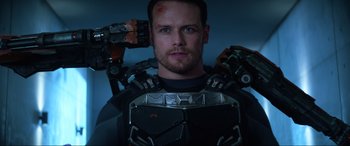 Movie still from “Bloodshot” (2020), directed by Dave Wilson – A person wearing a body armor; Close Up shot, Low angle