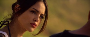 Movie still from “Bloodshot” (2020), directed by Dave Wilson – A woman's face in a field; Close Up shot, Over the shoulder angle