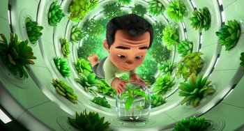 Movie still from “Blush” (2021), directed by Joe Mateo – An animated man looking at a plant in a jar; Wide shot, Overhead angle