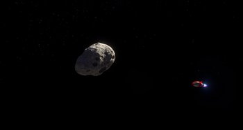 Movie still from “Blush” (2021), directed by Joe Mateo – An image of an asteroid in the night sky; Extreme Wide shot, Overhead angle