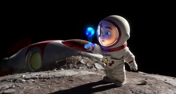 Movie still from “Blush” (2021), directed by Joe Mateo – An image of an animated character on the moon; Wide shot, Overhead angle