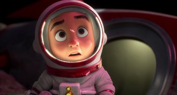 Movie still from “Blush” (2021), directed by Joe Mateo – An image of an animated character in a space suit; Close Up shot, Overhead angle