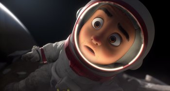 Movie still from “Blush” (2021), directed by Joe Mateo – An animated character in a spacesuit looking at the camera; Close Up shot, Overhead angle