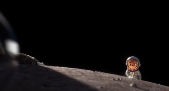 Movie still from “Blush” (2021), directed by Joe Mateo – A person in a spacesuit on the side of a hill; Extreme Wide shot, Overhead angle