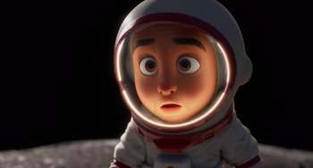 Movie still from “Blush” (2021), directed by Joe Mateo – An image of an animated character in a space suit; Close Up shot, Overhead angle