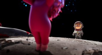 Movie still from “Blush” (2021), directed by Joe Mateo – An image of an animated character on the moon; Wide shot, Low angle