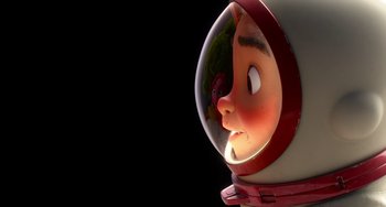Movie still from “Blush” (2021), directed by Joe Mateo – An animated character in a space suit looking to his left; Close Up shot, Overhead angle