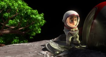 Movie still from “Blush” (2021), directed by Joe Mateo – An animated character is holding a bowl of food; Wide shot, Overhead angle