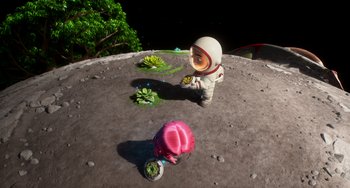 Movie still from “Blush” (2021), directed by Joe Mateo – An astronaut sitting on the moon next to plants; Wide shot, High angle