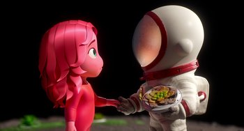 Movie still from “Blush” (2021), directed by Joe Mateo – An animated figure holding a plate of food next to another cartoon character; Medium shot, High angle