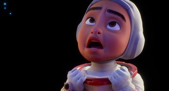 Movie still from “Blush” (2021), directed by Joe Mateo – An image of an animated character looking surprised; Close Up shot, Low angle