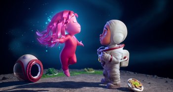 Movie still from “Blush” (2021), directed by Joe Mateo – A pink haired girl and an astronaut are in a field; Wide shot, Low angle