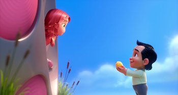 Movie still from “Blush” (2021), directed by Joe Mateo – A man and a woman are holding a piece of fruit; Medium shot, Low angle