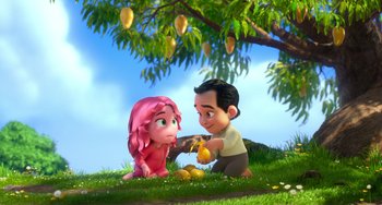 Movie still from “Blush” (2021), directed by Joe Mateo – A boy and a girl sitting in the grass; Medium shot, High angle