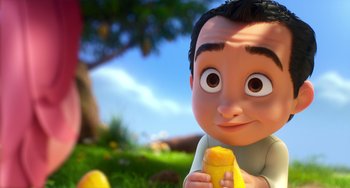 Movie still from “Blush” (2021), directed by Joe Mateo – An animated man holding a jar of food in his hand; Close Up shot, Over the shoulder angle
