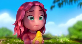 Movie still from “Blush” (2021), directed by Joe Mateo – A cartoon girl holding a piece of fruit in her hands; Close Up shot, Low angle
