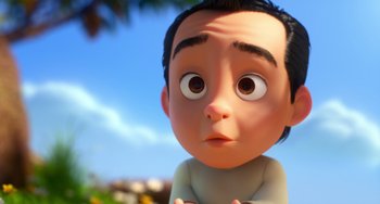 Movie still from “Blush” (2021), directed by Joe Mateo – An animated character with a surprised look on his face; Close Up shot, High angle