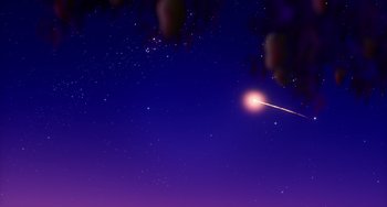 Movie still from “Blush” (2021), directed by Joe Mateo – A shooting star in the night sky with the moon; Extreme Wide shot, Low angle