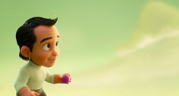 Movie still from “Blush” (2021), directed by Joe Mateo – A cartoon of a man holding a purple object; Close Up shot, Low angle
