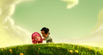 Movie still from “Blush” (2021), directed by Joe Mateo – A man and a woman laying in the grass looking at one another; Wide shot, High angle