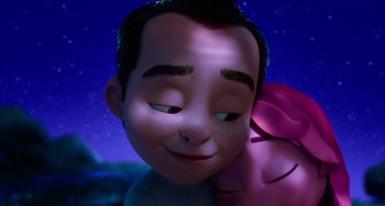 Movie still from “Blush” (2021), directed by Joe Mateo – A person's face in a cartoon; Close Up shot, Low angle