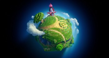 Movie still from “Blush” (2021), directed by Joe Mateo – A cartoon globe with a house on top of it; Extreme Wide shot, Overhead angle