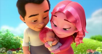 Movie still from “Blush” (2021), directed by Joe Mateo – A couple of people that are holding a baby; Close Up shot, Low angle