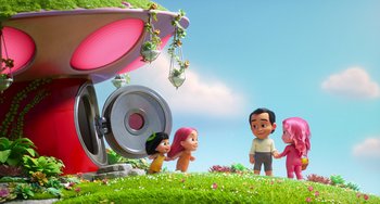 Movie still from “Blush” (2021), directed by Joe Mateo – A group of people standing in front of a pink object; Wide shot, Low angle