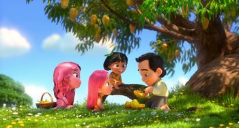 Movie still from “Blush” (2021), directed by Joe Mateo – A group of people sitting in the grass under a tree; Wide shot, High angle