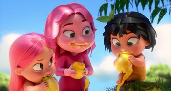 Movie still from “Blush” (2021), directed by Joe Mateo – A group of cartoon characters eating bananas and holding bananas; Medium shot, High angle