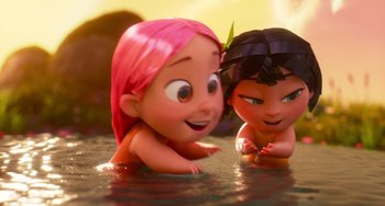 Movie still from “Blush” (2021), directed by Joe Mateo – A couple of cartoon characters are in the water; Medium shot, High angle